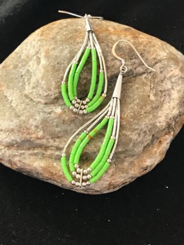 Navajo Green Gaspeite Earrings | Sterling Silver Liquid Heishi Dangle | 2.25" | Authentic Native American Handmade | 2021