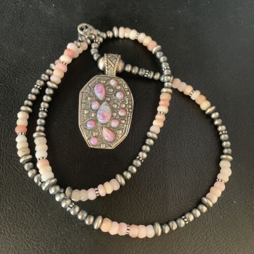 Navajo Pink Opal Beads Necklace with Multi-Stone Mother of Pearl Pendant | Sterling Silver | 13442