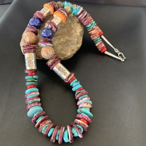 Navajo Turquoise Spiny Oyster Coral Lapis Necklace | Sterling Silver | 24" | Authentic Native American Handmade | 11871