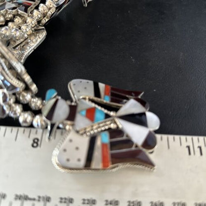 Zuni Thunderbird Turquoise Mother of Pearl Sterling Squash Blossom Necklace | Native American | 14442
