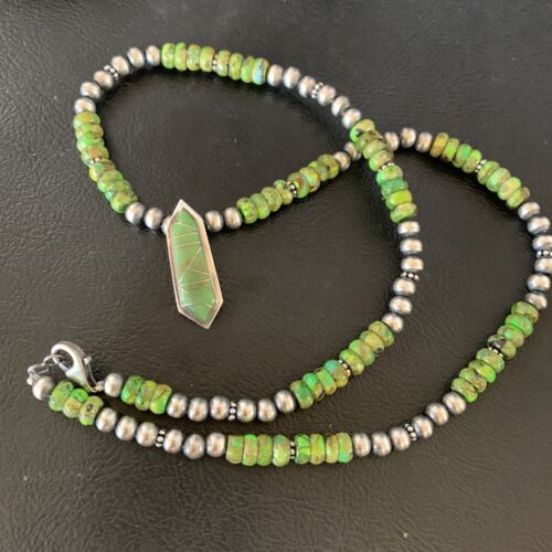 Navajo Green Gaspeite Turquoise Inlay Pendant | Sterling Silver | Authentic Native American Handmade | 13269