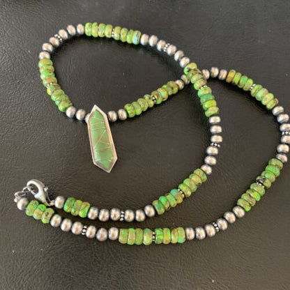 Navajo Green Gaspeite Turquoise Inlay Pendant | Sterling Silver | Authentic Native American Handmade | 13269