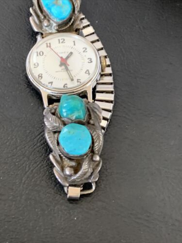Navajo Women's Sterling Silver Watch Tips with Blue Turquoise Band | Authentic Native American Jewelry | Old Pawn | 12140