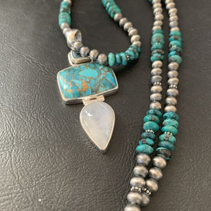 Navajo Pearls Sterling Silver Blue Mojave Turquoise Necklace Pendant | Multi-Stone | 11820
