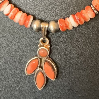 Navajo Pearl Necklace with Red Apple Coral, Spiny Oyster Pendant | Authentic Native American Sterling Silver | Multi-Stone | 12388