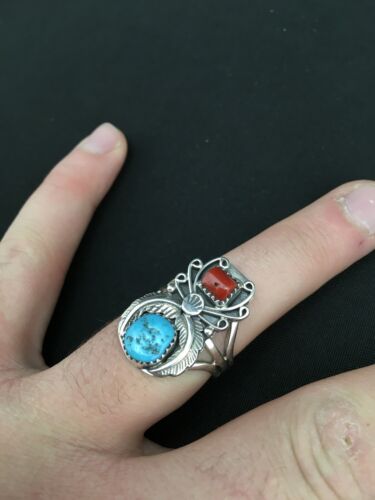Navajo Southwestern Blue Turquoise & Coral Ring | Authentic Native American Sterling Silver | Multi-Stone | Sz 9.5 | 4857