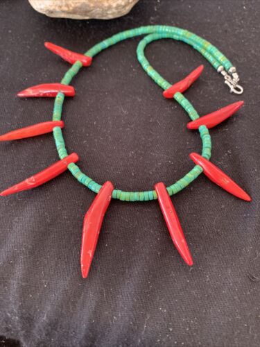 Navajo Turquoise Coral Chili Pepper Necklace | Sterling Silver | Graduated Beads | 20" | 00827