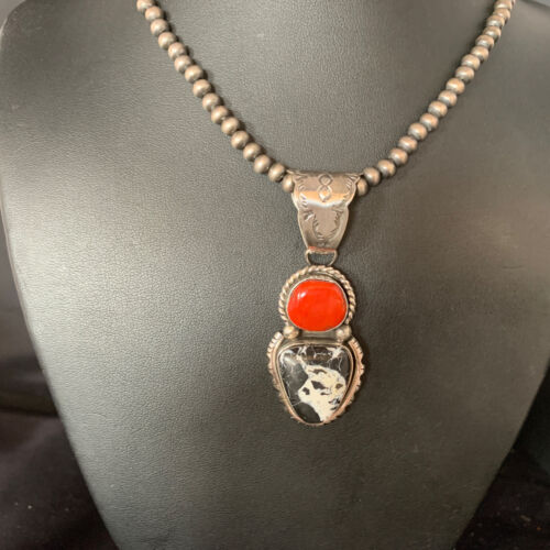 Navajo White Buffalo Turquoise Coral Pendant | Sterling Silver | Multi-Stone Necklace | 13579