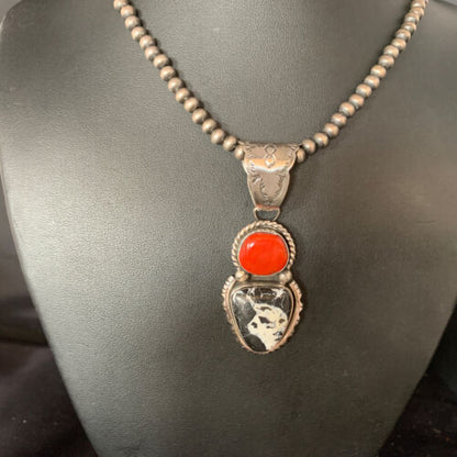 Navajo White Buffalo Turquoise Coral Pendant | Sterling Silver | Multi-Stone Necklace | 13579