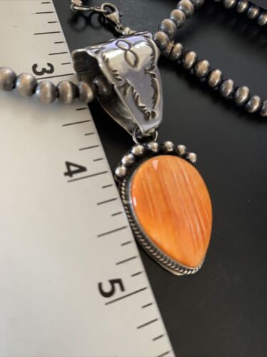 Navajo Orange Spiny Oyster Pendant Necklace | Sterling Silver | Authentic Native American Handmade | 13078