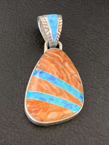 Men's Navajo Orange Spiny Oyster Blue Opal Inlay Pendant | Sterling Silver | Authentic Native American Handmade | 12486