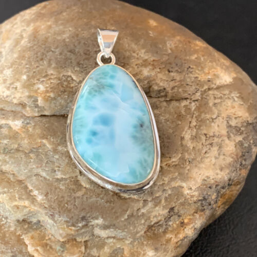 Navajo Sterling Silver Beads Necklace | Blue Larimar Pendant | Authentic Native American Handmade | 10675