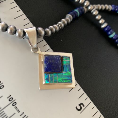 Men's Navajo Blue Lapis Turquoise Opal Inlay Pendant Necklace | Sterling Silver | 21" | 12607