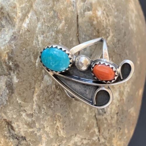 Navajo Coral Blue Turquoise Multi-Stone Ring | Authentic Native American Sterling Silver | Sz 6.5 | 10826