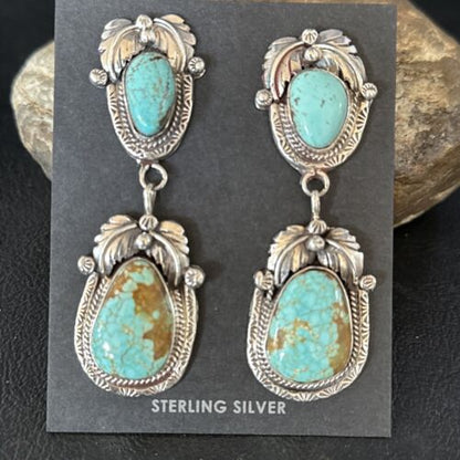 Navajo Blue #8 Turquoise Dangle Earrings | Sterling Silver | Authentic Native American Handmade | 14338