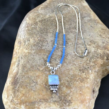 Children's Lapis Beads Sterling Heishi Necklace | Opal Pendant | 15" Chain | 10130