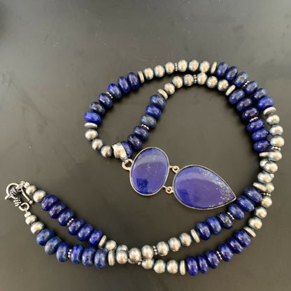 Navajo Sterling Silver Beads Necklace with Lapis Lazuli Pendant | 8mm | Authentic Native American Handmade | 11364