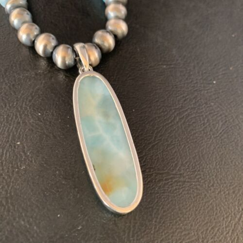 Men's Navajo Sterling Silver Blue Larimar Pendant | 10mm Natural Necklace | 14004