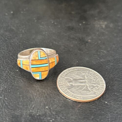 Southwestern Women's Navajo Blue Turquoise Spiny Oyster Inlay Ring | Sz 7 | 14556