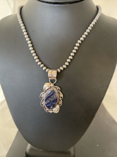 Men's Handmade Navajo Sterling Silver Beads Necklace | Lapis Pendant 2" | Authentic Native American | 1208