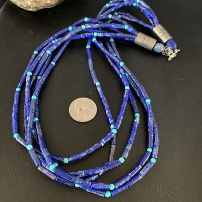 Women's Men's Sterling Silver Blue Denim Lapis Turquoise Necklace | 5 Strand | 22" | 13405