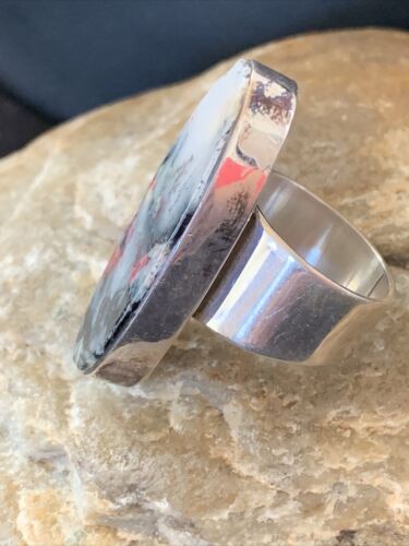 Southwestern Navajo Cinnabrite Ring | White Black | Sterling Silver | Sz 7.5 | 1562