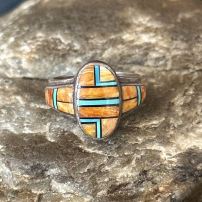 Southwestern Women's Navajo Blue Turquoise Spiny Oyster Inlay Ring | Sz 7 | 14556