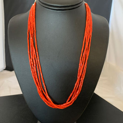 Southwestern Natural Red Coral Heishi Necklace | 5 Strand | Sterling Silver | 20" | 1217