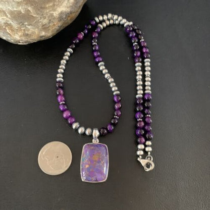 Navajo Pearl Purple Mojave Turquoise Onyx Pendant Necklace | Sterling Silver | Native American Handmade | 13402