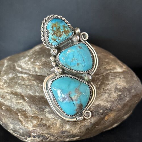 USA Womens 3 Stone Blue Kingman Turquoise Ring Sz 9,5 Sterling Silver 14551