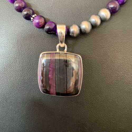 Women's Navajo Pearls Necklace with Purple Sugilite and Onyx Pendant | Sterling Silver | 13393