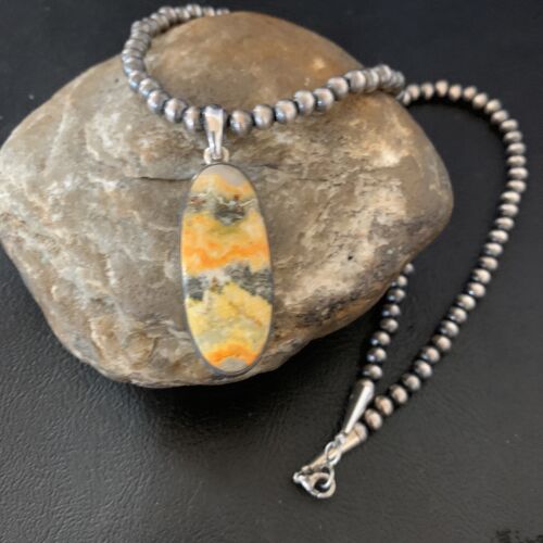 Navajo Yellow Bumblebee Jasper Pendant Necklace | Sterling Silver | Authentic Native American Handmade | 12810