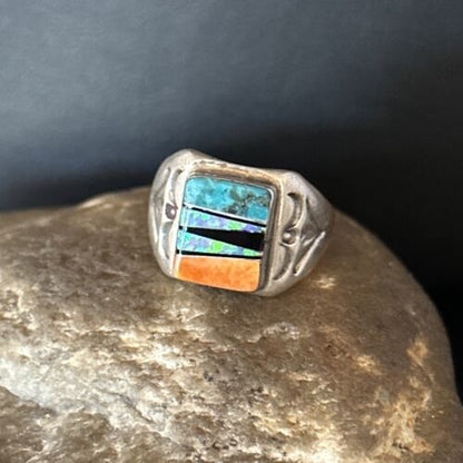 Navajo Sterling Silver Turquoise Spiny Oyster Inlay Ring | Sz 8.5 | Multi-Color | 14747 - Masha USA