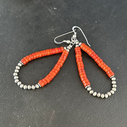 Southwestern Red Coral Dangle Earrings | Sterling Silver Heishi Bead | 2" | 14426