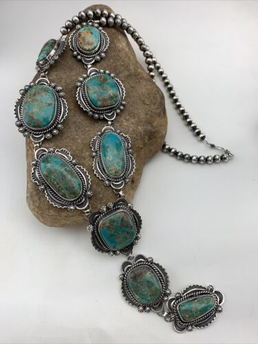 Navajo Sterling Silver Lariat Necklace with Royston Turquoise Squash Pendant | 01546