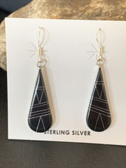Navajo Black Onyx Inlay Dangle Drop Earrings | Sterling Silver | 1.5" | 12312