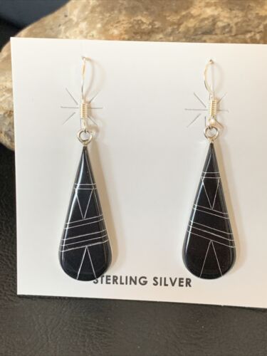 Navajo Black Onyx Inlay Dangle Drop Earrings | Sterling Silver | 1.5" | 12312 - Masha USA