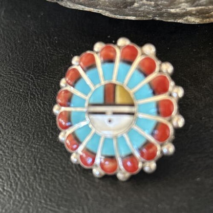 Zuni Sun Face Inlay Ring | Sterling Silver Coral Turquoise Onyx Mother of Pearl | Sz 6.5 | 14452 - Masha USA