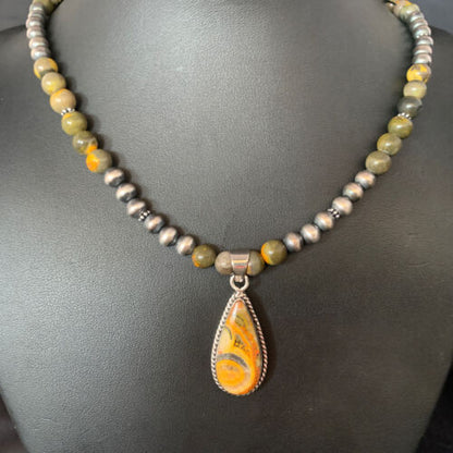 Men's Navajo Pearls Necklace | Gold Bumblebee Jasper Pendant | Sterling Silver | Native American Handmade | 13811