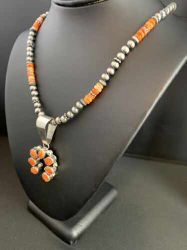 Navajo Pearls Sterling Necklace | Orange Spiny Oyster Cluster Naja Pendant | Native American 21" | 00189