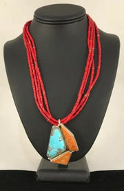 Navajo Spiny Oyster & Turquoise Pendant | Sterling Silver Coral Bead Necklace | Multi-Strand | 8477