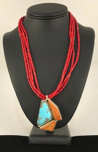 Navajo Spiny Oyster & Turquoise Pendant | Sterling Silver Coral Bead Necklace | Multi-Strand | 8477