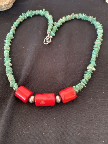 Native American Navajo Men's Necklace | Sterling Silver Turquoise Coral | 21" | 881