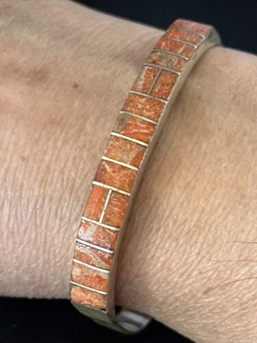 Authentic Native American Navajo Sterling Silver Bracelet | Red Spiny Oyster Inlay | Old Pawn | 14532
