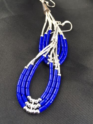Native American Handmade Sterling Silver Heishi Dangle Earrings Set | Blue Lapis | 2" | 1961