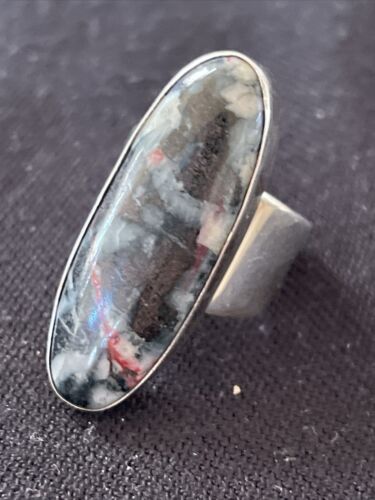 Native American Men's Cinnabrite Ring | Sterling Silver | White Black | Sz 7 | 1569