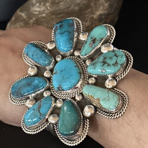 Navajo Sterling Silver Cluster Kingman Turquoise Cuff Bracelet | Authentic Native American Handmade | 14586