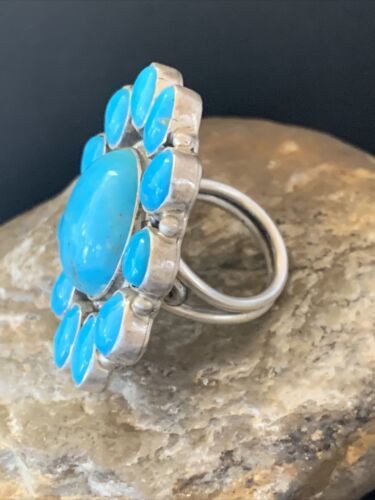 Navajo Blue Kingman Turquoise Cluster Ring | Authentic Native American Sterling Silver | Multi-Stone | Sz 7.5 | 11529