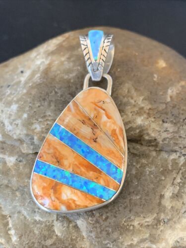 Men's Navajo Orange Spiny Oyster Blue Opal Inlay Pendant | Sterling Silver | Native American Handmade | 12487