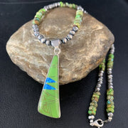 Navajo Green Turquoise Gaspeite Inlay Necklace | Sterling Silver | Authentic Native American Handmade | 13808